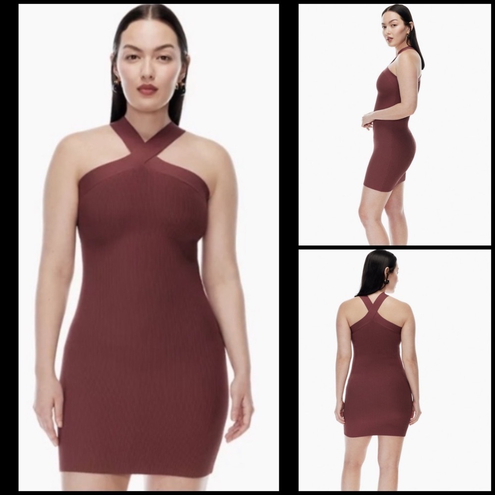 Aritzia Babaton Sculpt Knit Criss Cross Ribbed Halter Dress In Sun Dried Red